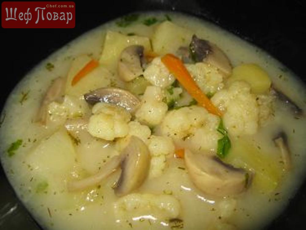 Сырный суп (супчик) с цветной капустой и грибами 