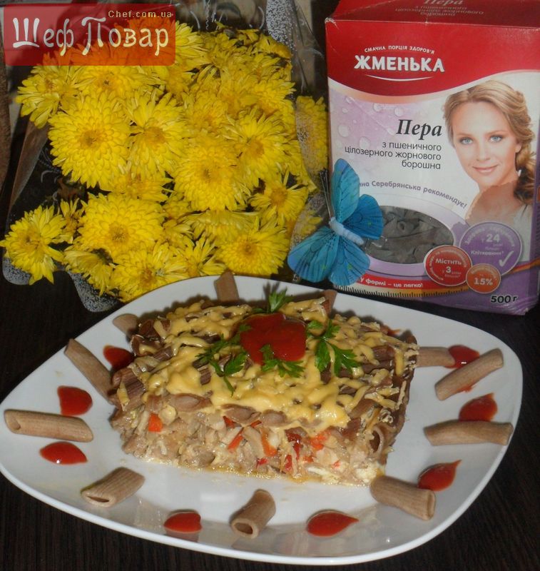 Макаронный пирог из цельнозерновых макарон с курицей