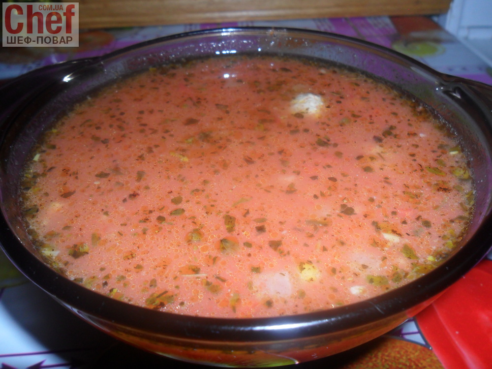 Томатный суп с рисом и фрикадельками 